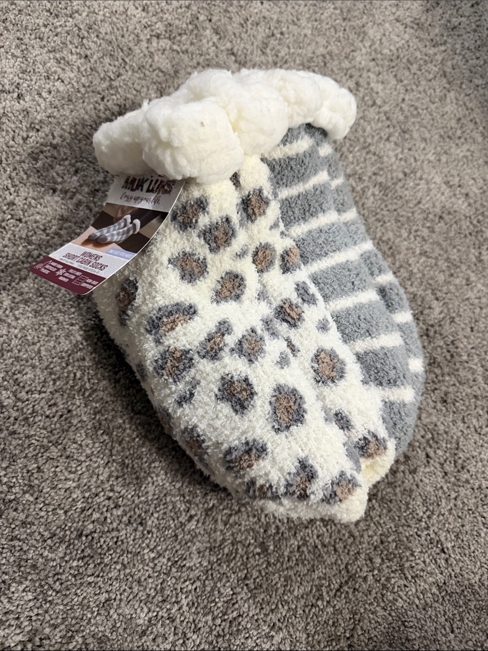 Muk Luks Plush Leopard & Stripe Slipper Socks - Cream, Gray, Brown
